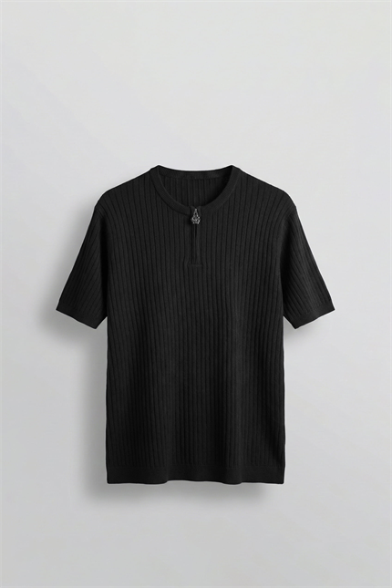 Erkek Regular Fit  Premium Fitilli Triko T-Shirt Siyah