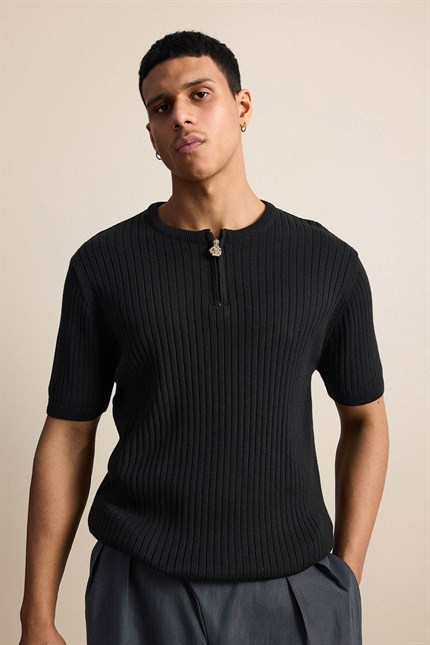 Erkek Regular Fit  Premium Fitilli Triko T-Shirt Siyah