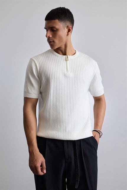 Erkek Regular Fit  Premium Fitilli Triko T-Shirt Ekru
