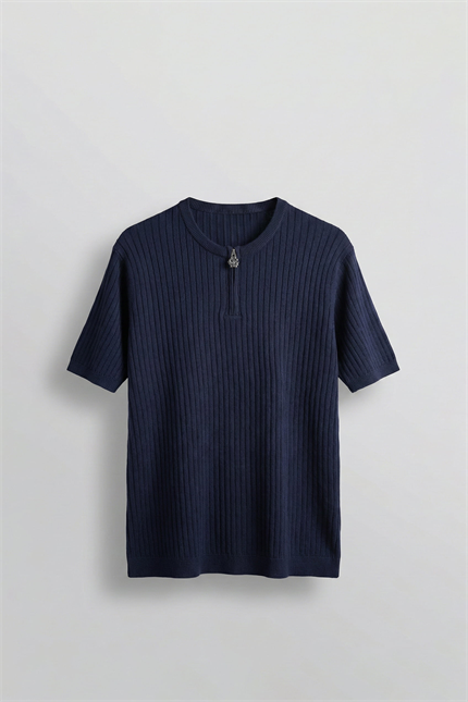 Erkek Regular Fit  Premium Fitilli Triko T-Shirt Lacivert