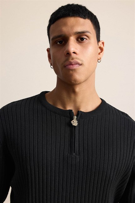 Erkek Regular Fit  Premium Fitilli Triko T-Shirt Siyah