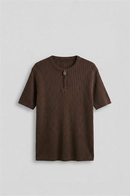 Erkek Regular Fit  Premium Fitilli Triko T-Shirt Kahverengi
