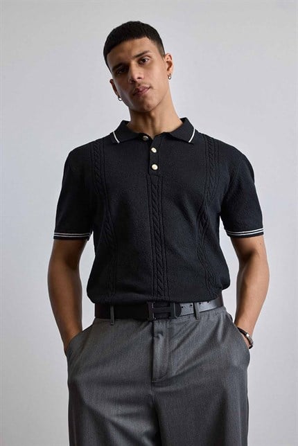 Erkek Regular Fit Saç Örgü Detaylı Triko Polo Yaka T Shirt Siyah