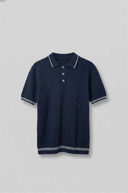 Erkek Regular Fit Saç Örgü Detaylı Triko Polo Yaka T Shirt Lacivert