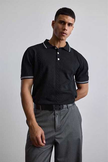 Erkek Regular Fit Saç Örgü Detaylı Triko Polo Yaka T Shirt Siyah