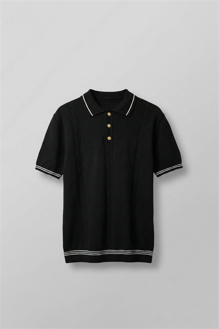 Erkek Regular Fit Saç Örgü Detaylı Triko Polo Yaka T Shirt Siyah