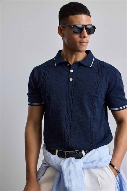 Erkek Regular Fit Saç Örgü Detaylı Triko Polo Yaka T Shirt Lacivert