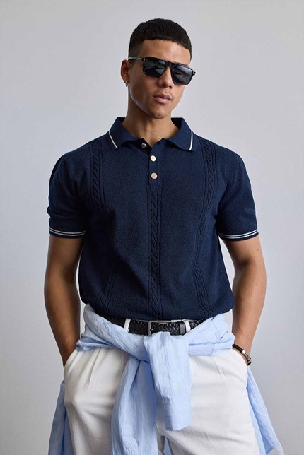 Erkek Regular Fit Saç Örgü Detaylı Triko Polo Yaka T Shirt Lacivert