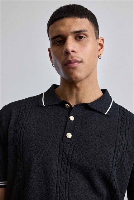 Erkek Regular Fit Saç Örgü Detaylı Triko Polo Yaka T Shirt Siyah