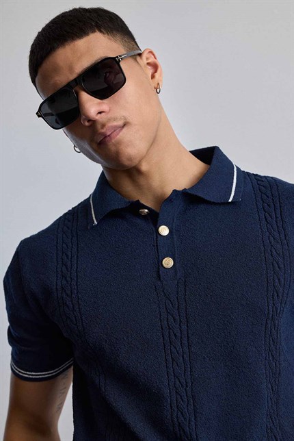 Erkek Regular Fit Saç Örgü Detaylı Triko Polo Yaka T Shirt Lacivert
