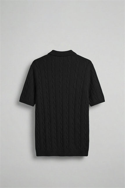 Erkek Regular Fit Saç Örgü Pamuklu Triko Polo Yaka T-Shirt Siyah