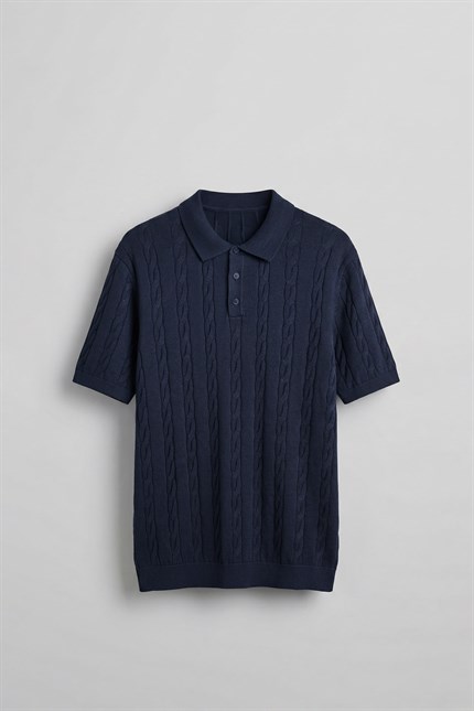 Erkek Regular Fit Saç Örgü Pamuklu Triko Polo Yaka T-Shirt Lacivert