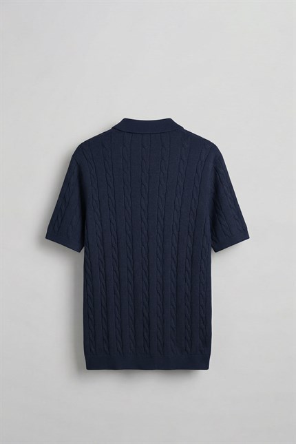 Erkek Regular Fit Saç Örgü Pamuklu Triko Polo Yaka T-Shirt Lacivert