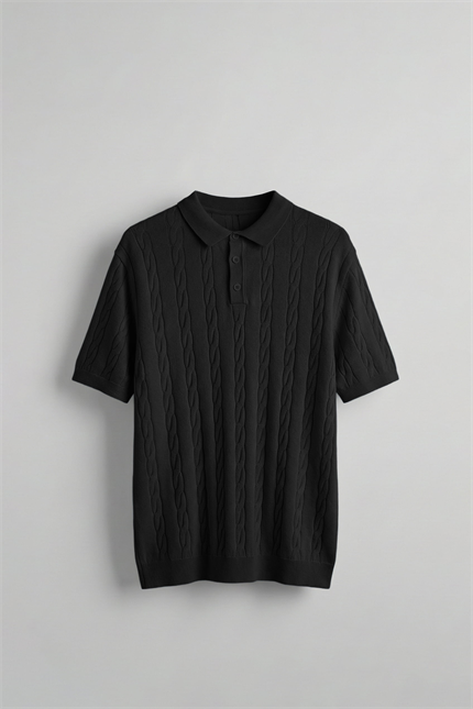 Erkek Regular Fit Saç Örgü Pamuklu Triko Polo Yaka T-Shirt Siyah