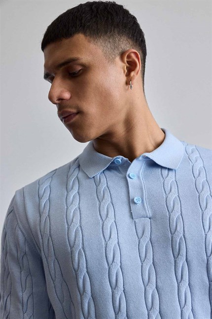 Erkek Regular Fit Saç Örgü Pamuklu Triko Polo Yaka T-Shirt Mavi