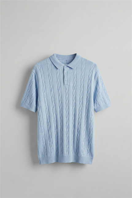 Erkek Regular Fit Saç Örgü Pamuklu Triko Polo Yaka T-Shirt Mavi