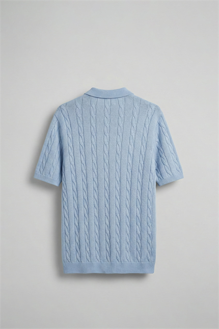 Erkek Regular Fit Saç Örgü Pamuklu Triko Polo Yaka T-Shirt Mavi