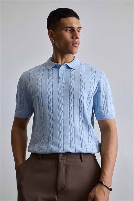 Erkek Regular Fit Saç Örgü Pamuklu Triko Polo Yaka T-Shirt Mavi
