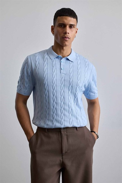 Erkek Regular Fit Saç Örgü Pamuklu Triko Polo Yaka T-Shirt Mavi