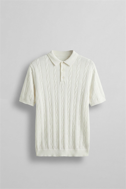 Erkek Regular Fit Saç Örgü Pamuklu Triko Polo Yaka T-Shirt Ekru
