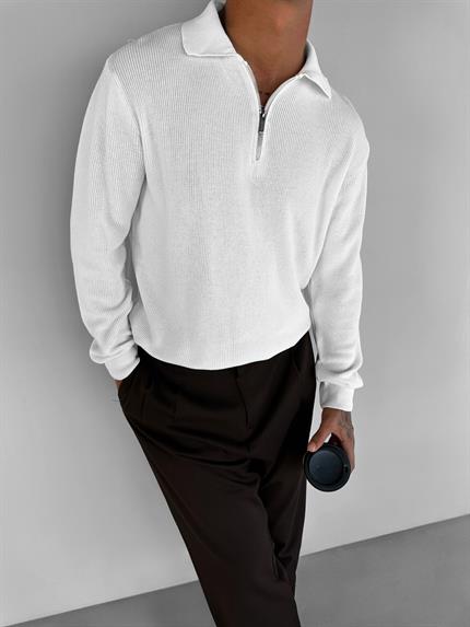 Erkek Regular Fit Yarım Fermuarlı Triko Kazak Ekru