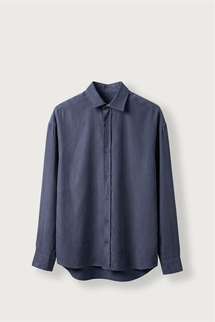 Erkek Relax Fit Basic Uzun Kollu Tencel Gömlek Lacivert