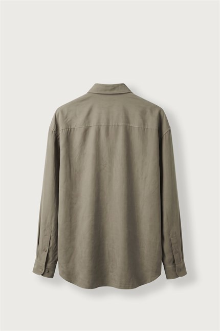 Erkek Relax Fit Basic Uzun Kollu Tencel Gömlek Haki