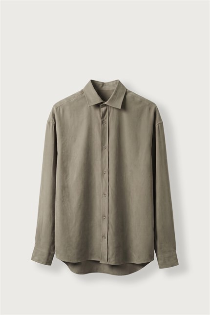 Erkek Relax Fit Basic Uzun Kollu Tencel Gömlek Haki