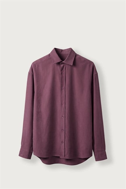 Erkek Relax Fit Basic Uzun Kollu Tencel Gömlek Bordo
