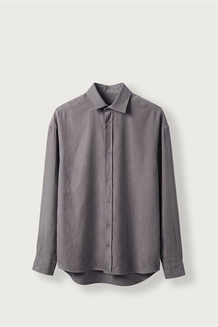 Erkek Relax Fit Basic Uzun Kollu Tencel Gömlek Füme