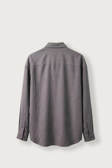 Erkek Relax Fit Basic Uzun Kollu Tencel Gömlek Füme