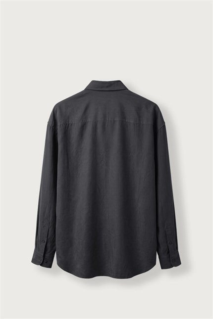 Erkek Relax Fit Basic Uzun Kollu Tencel Gömlek Koyu Gri