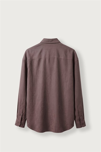 Erkek Relax Fit Basic Uzun Kollu Tencel Gömlek Kahverengi