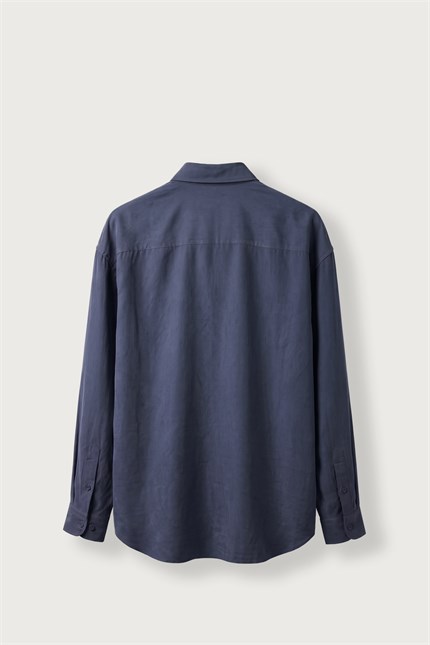 Erkek Relax Fit Basic Uzun Kollu Tencel Gömlek Lacivert