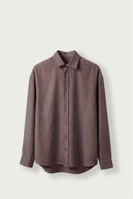 Erkek Relax Fit Basic Uzun Kollu Tencel Gömlek Kahverengi