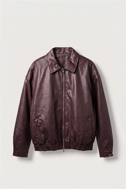 Erkek Relax Fit Bomber Deri Ceket Bordo