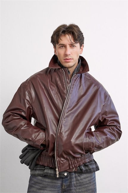 Erkek Relax Fit Bomber Deri Ceket Bordo