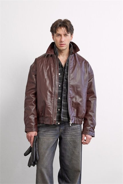 Erkek Relax Fit Bomber Deri Ceket Bordo