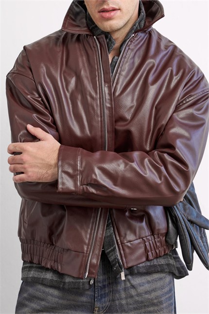Erkek Relax Fit Bomber Deri Ceket Bordo