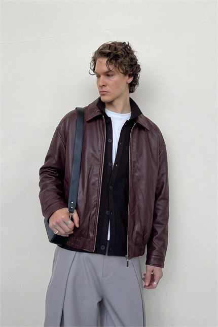Erkek Relax Fit Bomber Deri Ceket Bordo