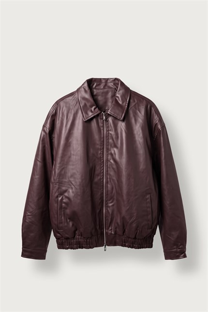 Erkek Relax Fit Bomber Deri Ceket Bordo