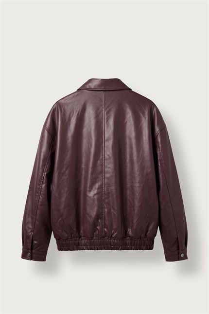 Erkek Relax Fit Bomber Deri Ceket Bordo