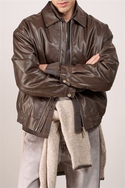 Erkek Relax Fit Bomber Deri Ceket Kahverengi