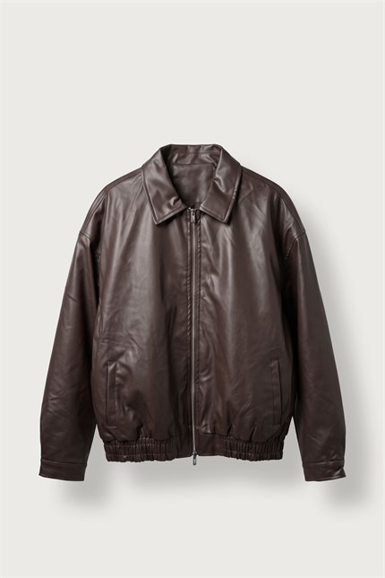 Erkek Relax Fit Bomber Deri Ceket Kahverengi