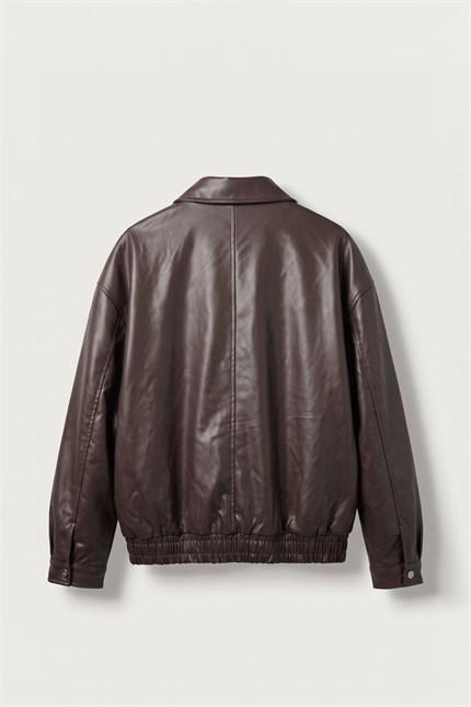 Erkek Relax Fit Bomber Deri Ceket Kahverengi