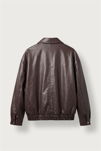 Erkek Relax Fit Bomber Deri Ceket Kahverengi