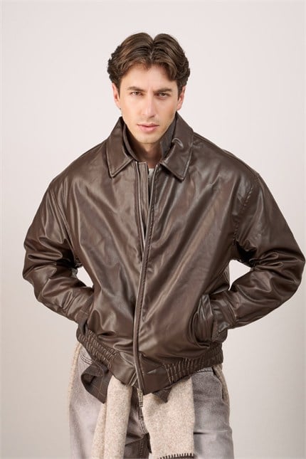 Erkek Relax Fit Bomber Deri Ceket Kahverengi