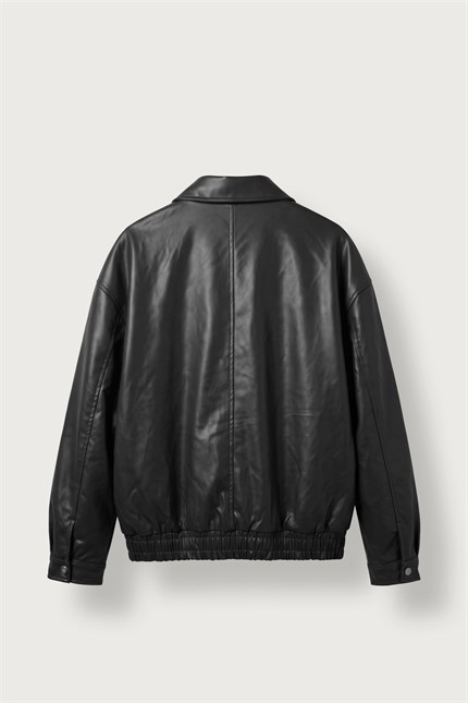 Erkek Relax Fit Bomber Deri Ceket Siyah