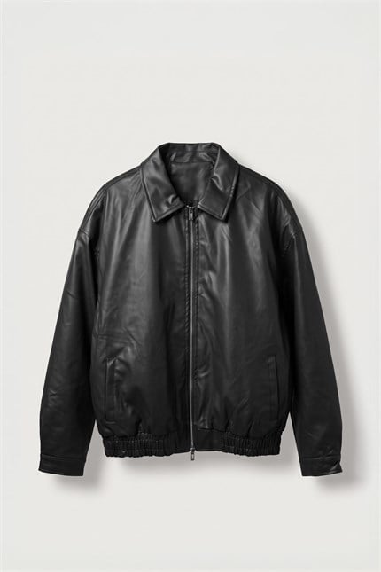 Erkek Relax Fit Bomber Deri Ceket Siyah