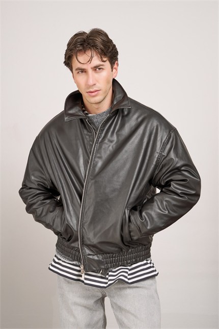 Erkek Relax Fit Bomber Deri Ceket Siyah